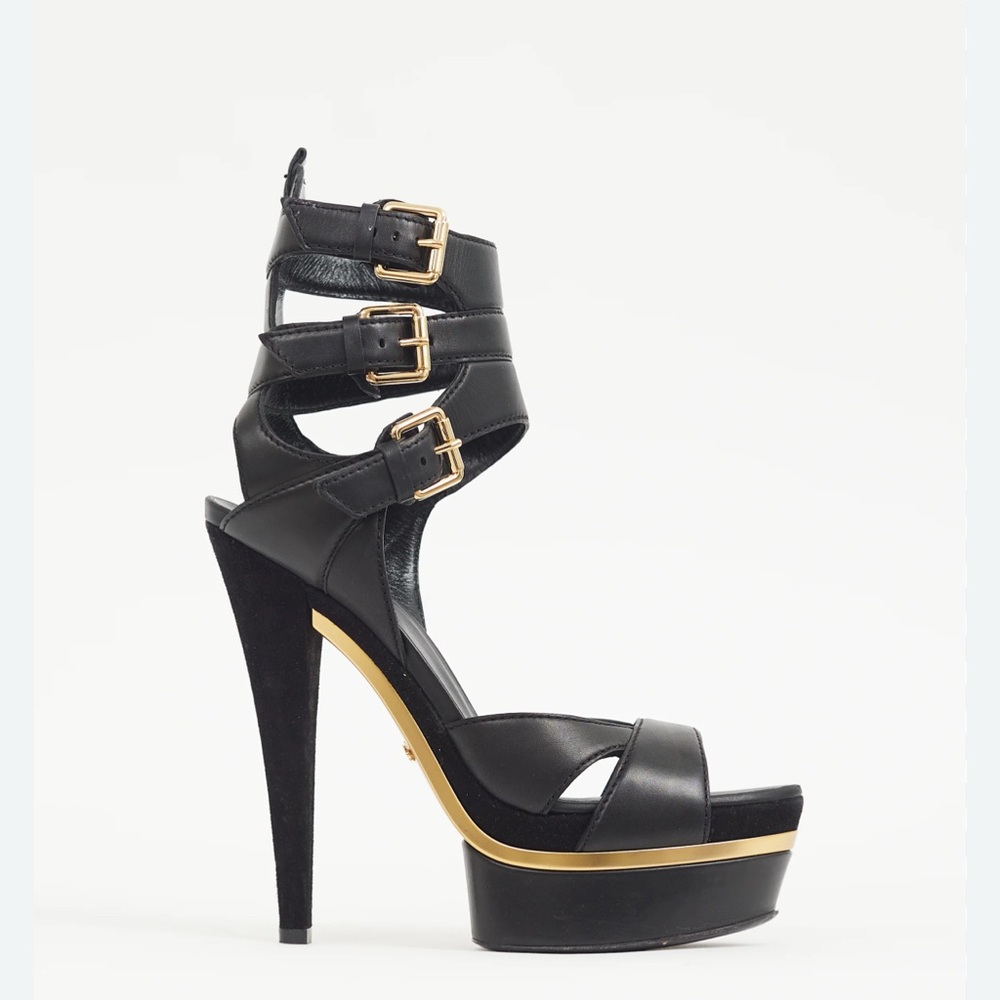 100% Authentic Gucci Iman Ankle Strap Leather Suede High Platform Heels Sz 36